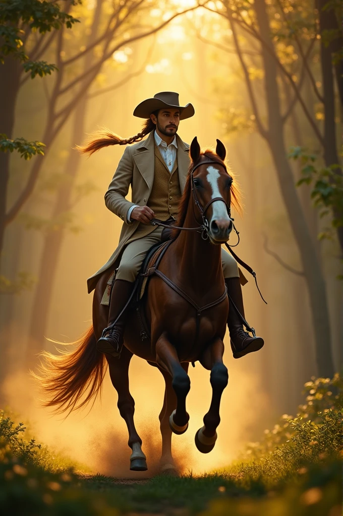 Colonial man riding a horse, Galloping horses, Dynamic elegance, Mysterious atmosphere, Timeless charm, side view, Clear facial features at golden hour, deep woods