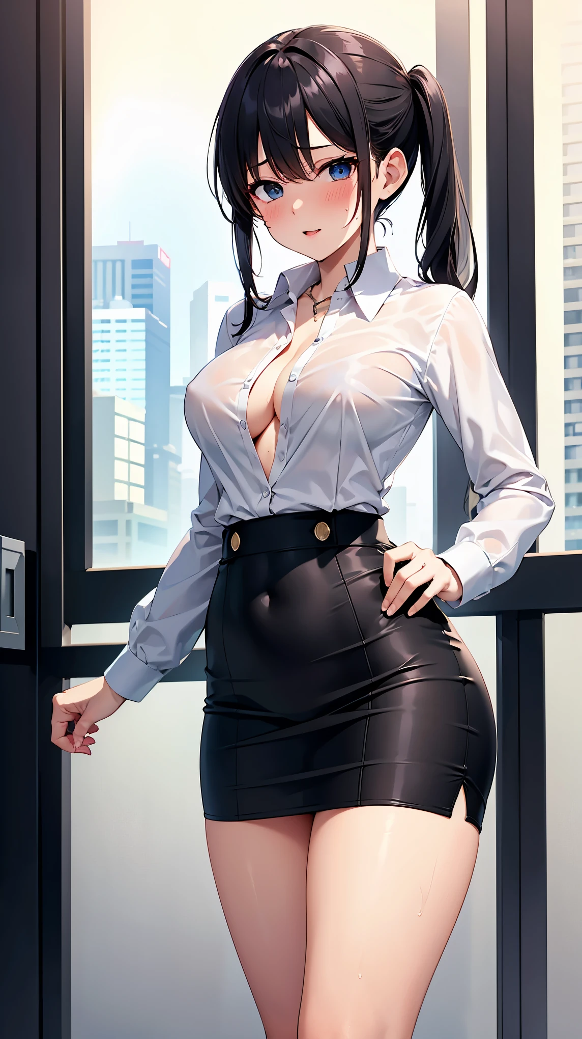 （（super high quality,））（（Ultra-high resolution,））（16K,）（super masterpiece,）（（Ultra HD ,））（Detailed shading,）One sexy mother,Office Lady,One muscular man,（（popped Tight collar White shirts,））Unbutton the third button,Long sleeve,Black tight skirt,Hands on the man&#39;s head,Glasses,blush,Ahegao,necklace,wedding ring,Sweaty,Flowing Love Juice,A man hugs her from behind,Living room at dark night,