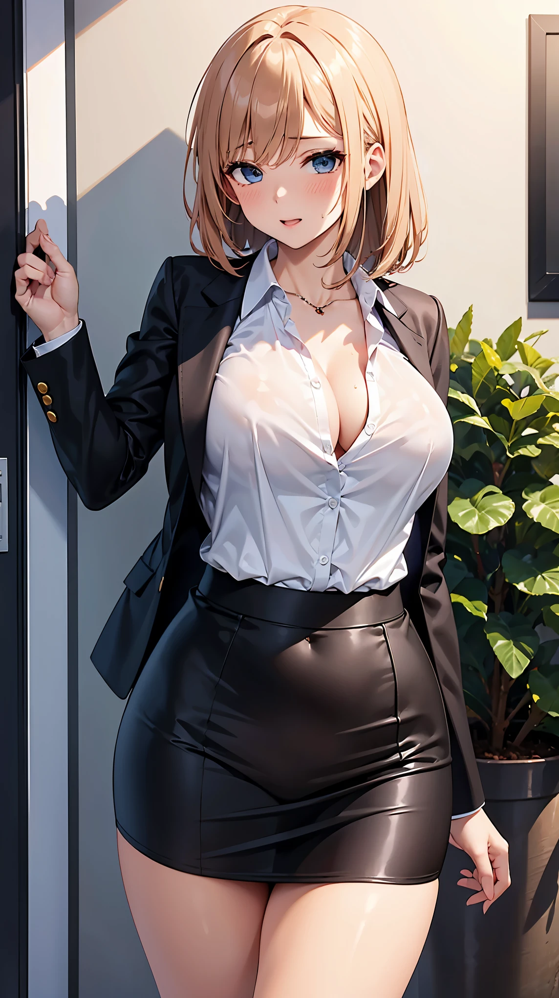 （（super high quality,））（（Ultra-high resolution,））（16K,）（super masterpiece,）（（Ultra HD ,））（Detailed shading,）One sexy mother,Office Lady,One muscular man,（（popped Tight collar White shirts,））Unbutton the third button,Long sleeve,Black tight skirt,Hands on the man&#39;s head,Glasses,blush,Ahegao,necklace,wedding ring,Sweaty,Flowing Love Juice,A man hugs her from behind,Living room at dark night,