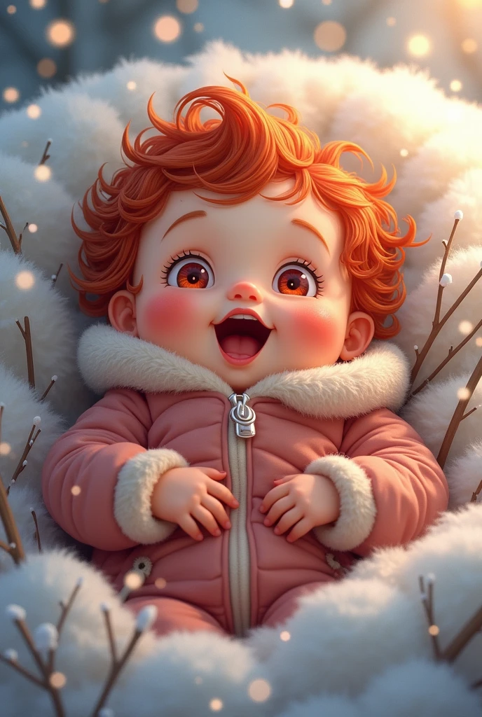 , red hair, red eyes, looking at you, laughing, anime, sleeping on his back, wearing winter clothes
