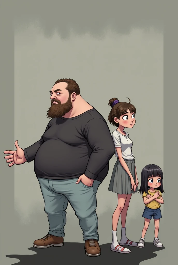 Family of 4 people (a chubby father with a beard, a skinny mother with matted hair, a  girl and a  girl) manga with stylish clothes