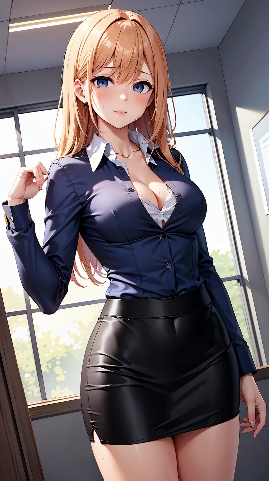 （（super high quality,））（（Ultra-high resolution,））（16K,）（super masterpiece,）（（Ultra HD ,））（Detailed shading,）One sexy mother,Office Lady,One muscular man,（（popped Tight collar White shirts,））Unbutton the third button,Long sleeve,Black tight skirt,Hands on the man&#39;s head,Glasses,blush,Ahegao,necklace,wedding ring,Sweaty,Flowing Love Juice,A man hugs her from behind,Living room at dark night,