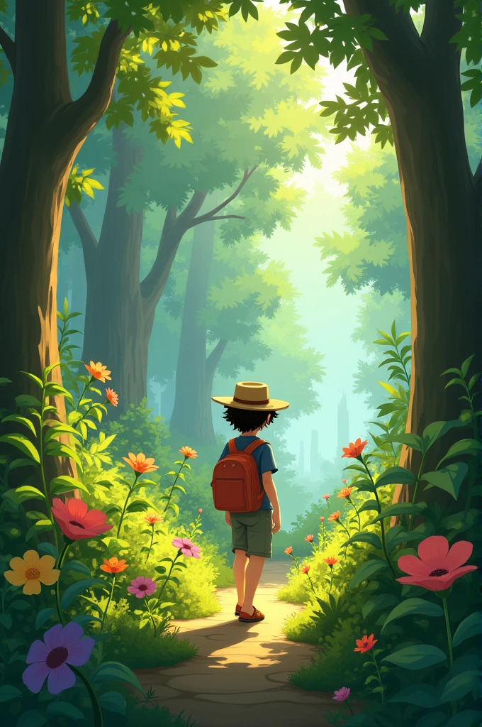 1. **Azaan Wandering in the Forest:**
- A named Azaan, wearing casual clothes and a hat, walking through a vibrant green forest filled with tall trees, colorful flowers, and sunlight filtering through the leaves