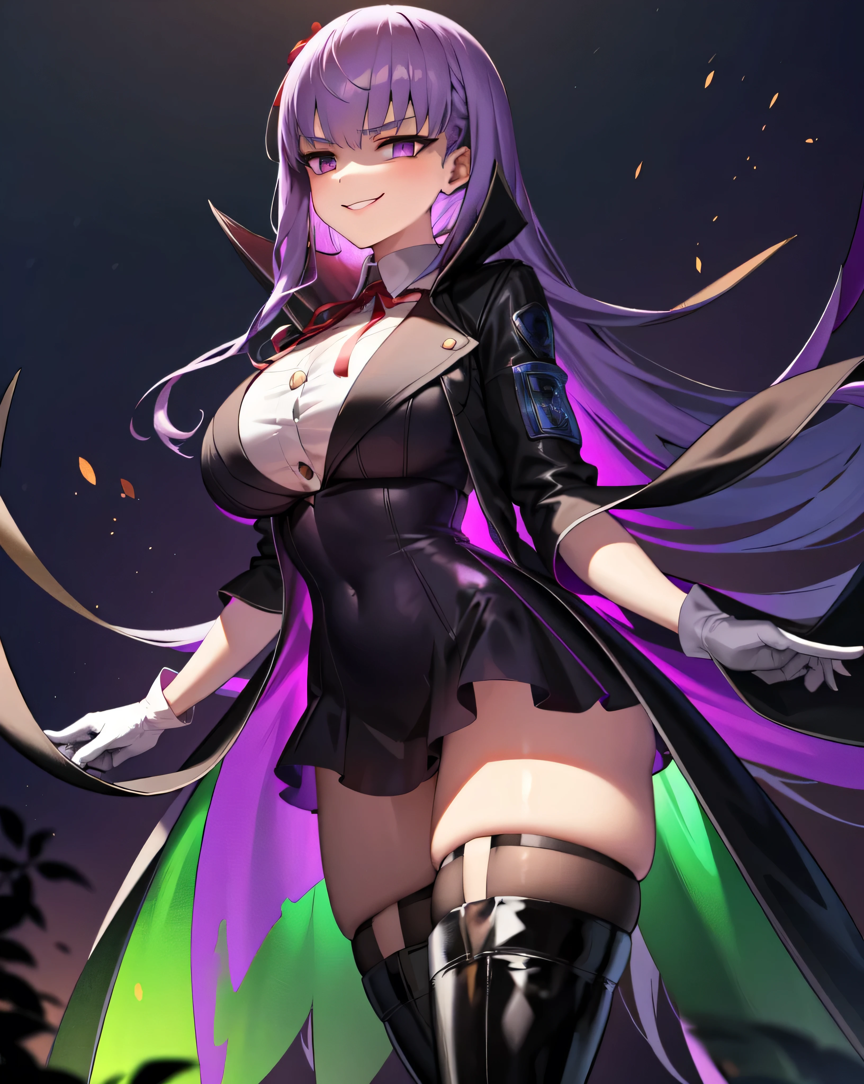  Isoscale, Mid Shot,  night, ,,, Purple Hair, Black jacket, White shirt, Black Skirt, Red ribbon, Big Breasts, Purple eyes, White gloves, Long Hair, Large collar, Wicked Smile,,Thigh-high boots,(Wicked Smile:1.3),Highly detailed CG Unity 8k wallpaper, Perfect lighting,,Looking down at the viewer,,Anxious smile,Black and purple world background,Dark shadowed face(Eyes in the shadows),solo,Yandere,latex,masterpiece, Highest quality, High resolution, One person,View your viewers,look down,emit black mist from the hands,Embodiment of evil