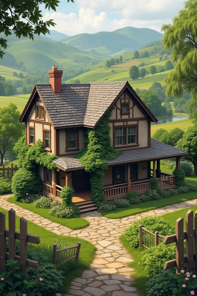 Describe the village where the house is located. Include details about the rolling hills and the overall ambiance.
Introduce the house. Mention its key features such as its charm, the porch, and the ivy-clad walls.