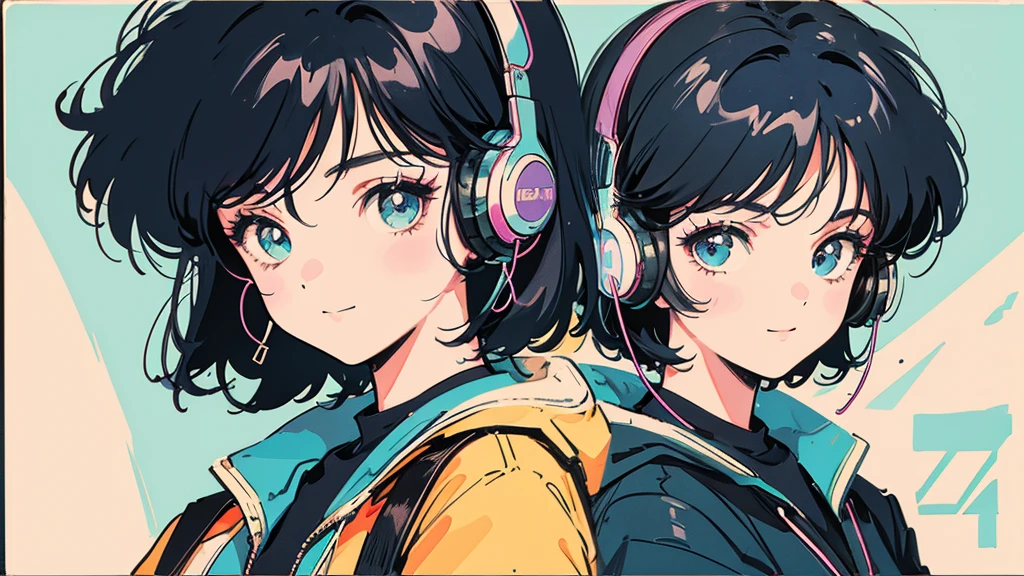 80's, Retro, City Pop, masterpiece, Highest quality, Novel, anime, Neon Art, Close-up,Headphones, One girl, smile,, Black short hair, Background of the riverbed