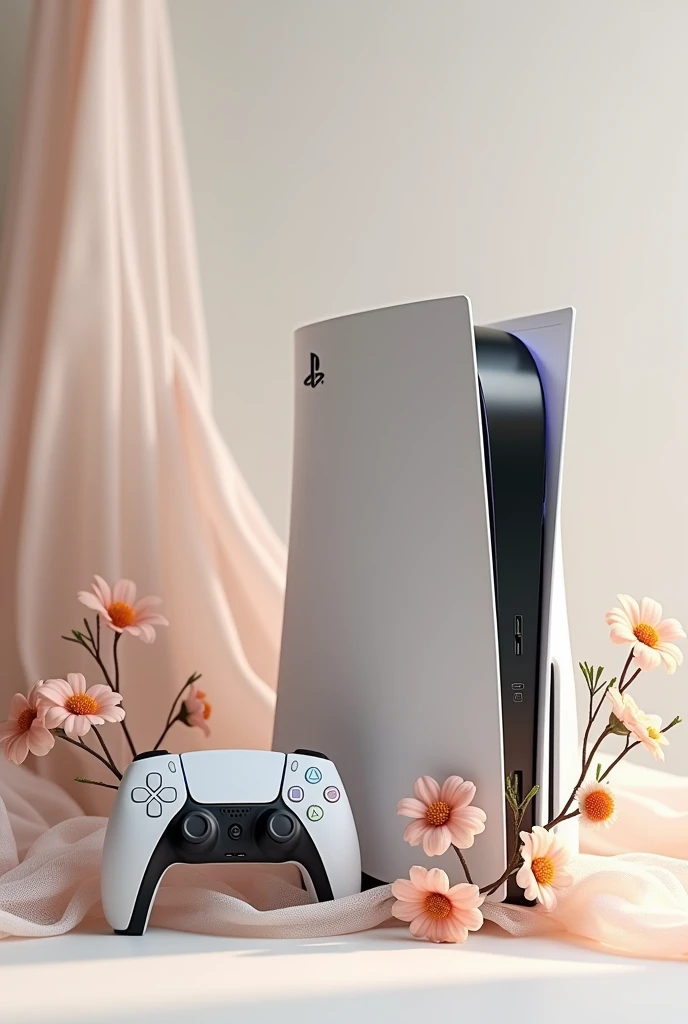 Create a image of  and a ps5 on it. It should be decorated with the cute flowery and net cottons. It should be realistic