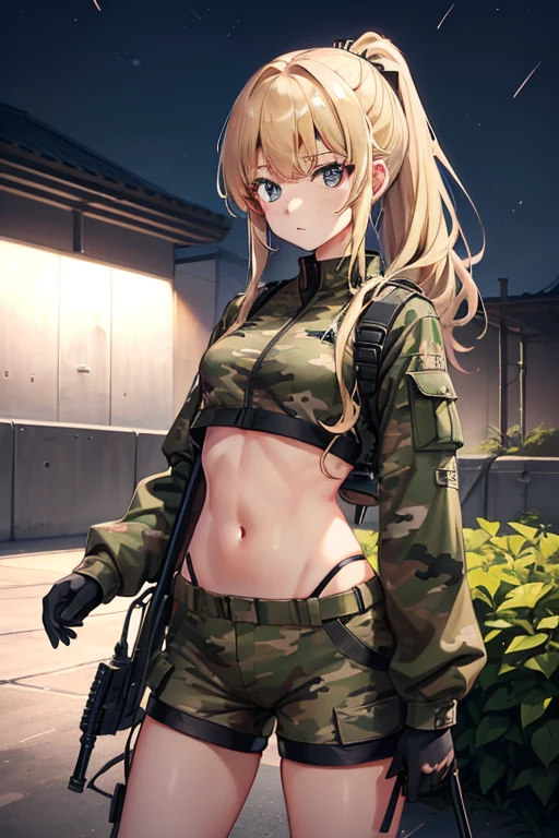 Outdoor、(military base:1.2)、Steel Building、(midnight:1.5), beautiful girl、(Blonde:1.5)、ponytail、Belly-baring camouflage combat uniform、Crop tops、Vertical belly button、camouflage-patterned shorts、Thighs、Bare legs、Stick a knife in one of your legs、Hold the rifle with both hands、military base、fire、night