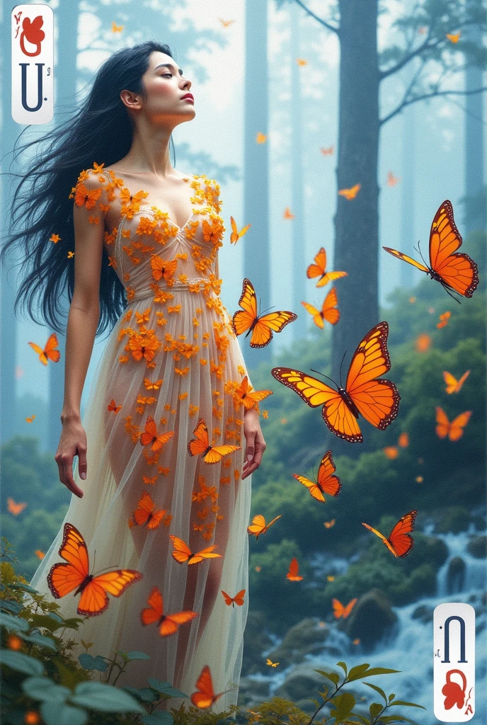 playing card, style dixit, A beautiful black haired woman completely covered in orange butterflies, , une robe vaporeuse qui fait presque partie d'elle., covered in butterflies, as if they were coming out of his chest, from his heart, des rayons de soleil tachetés à travers la forêt de pins et de sapins, style pop'art