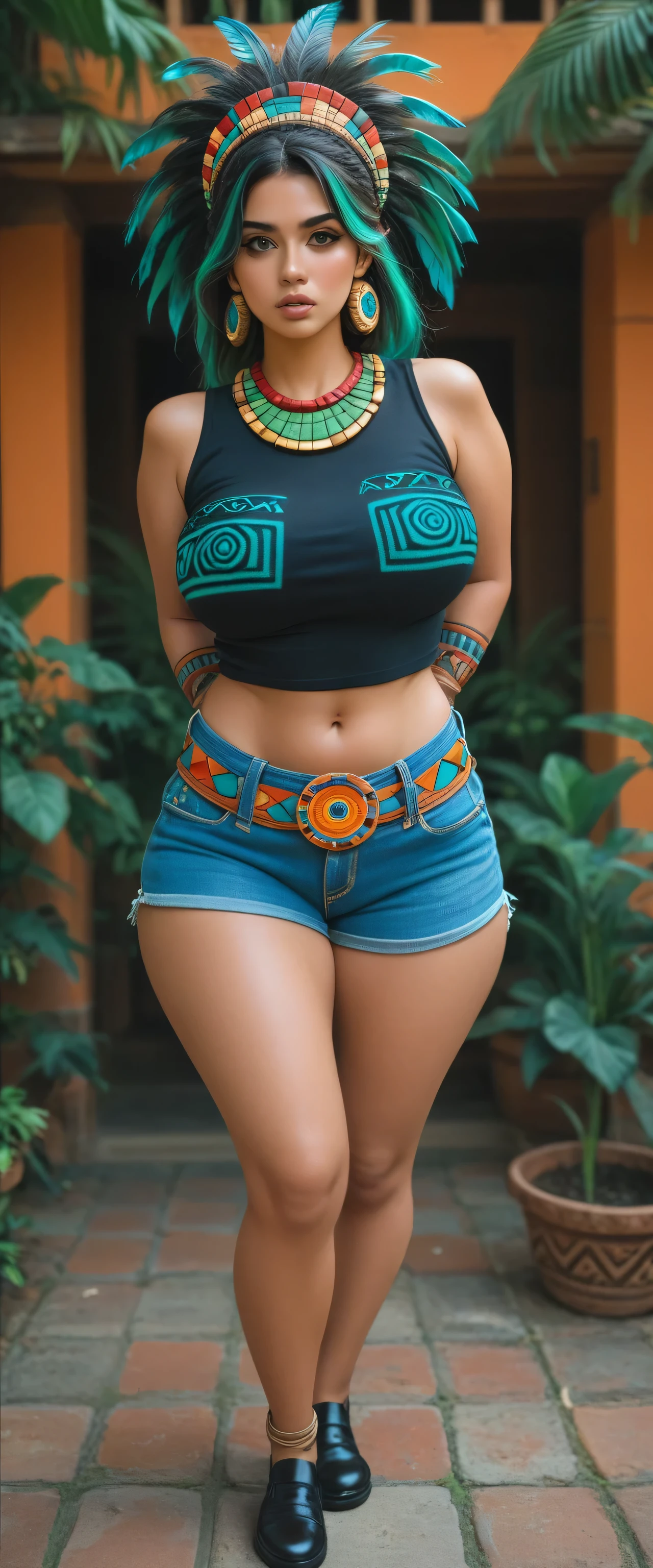 A tall sensual girl with big breasts sexy show yellow to light blue green colorful hair wears black sleeveless shirts and a blue denim shorts brown belt big thighs black shoe Aztec Mayan background