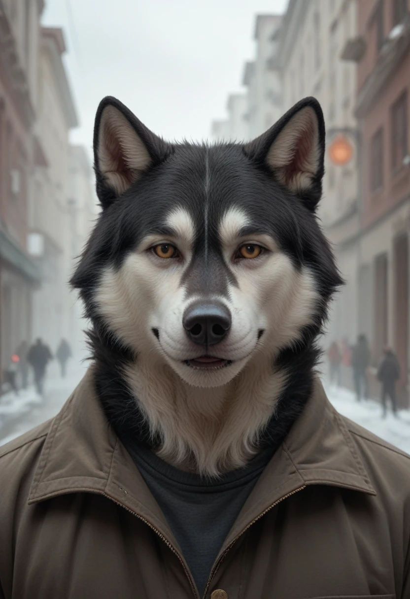Husky noir et blanc avec un oeil veyron et l'autre marron dans le brouillard, Réaliste