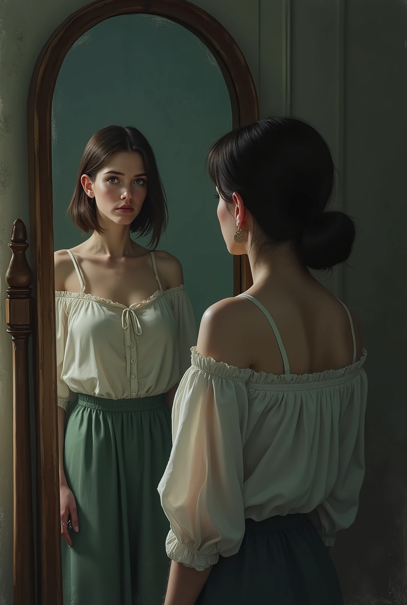 A lady looking at her sad younger self in the mirror