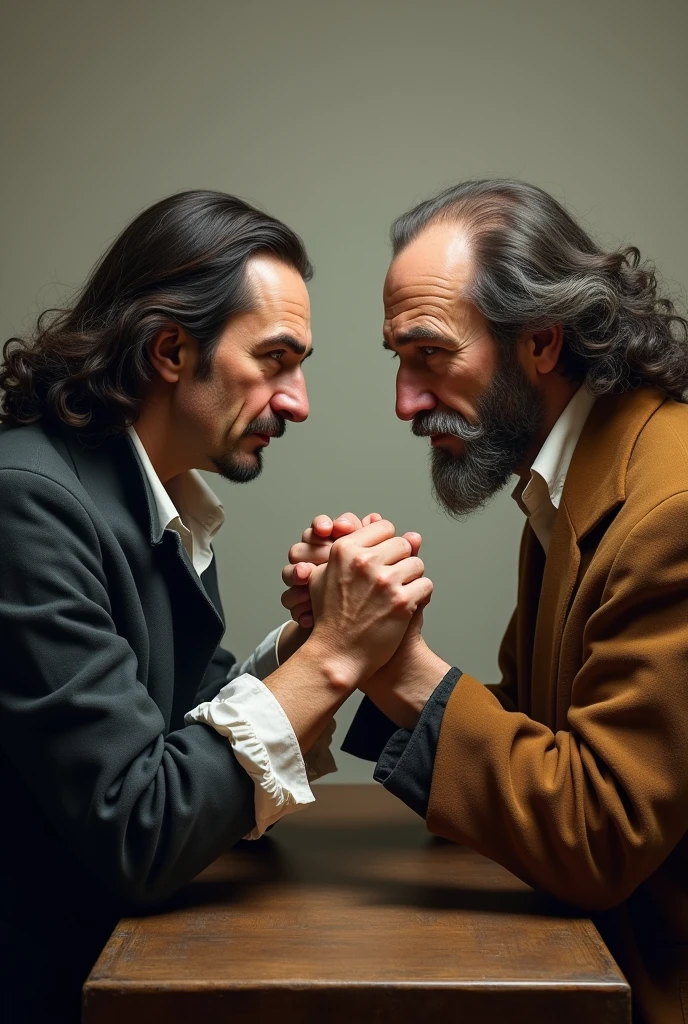 René Descartes and John Locke, with images similar to his best-known portraits, competing in arm wrestling, with their faces turned towards the front of the image, representing a dispute between rationalists and empiricists