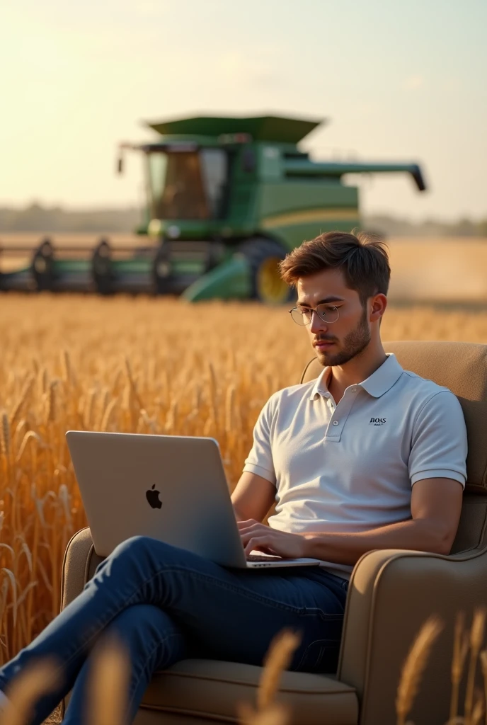 (photorealism:1.2), young man, Hugo boss polo shirt, jeans, sitting on a chair, writing on the apple computer, texting about farming, in the background a grain field with a combine harvester