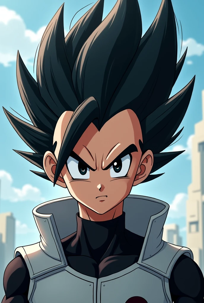 Create a highly unique 2D anime character of the Saiyan race from Dragon Ball Z. The character should have black eyes and black hair styled in a way that has never been seen before in Dragon Ball. They should wear futuristic clothing that is distinct and original. Focus on making the character's overall appearance, especially the hair, extremely unique and unlike any existing Saiyan character. that is a man
