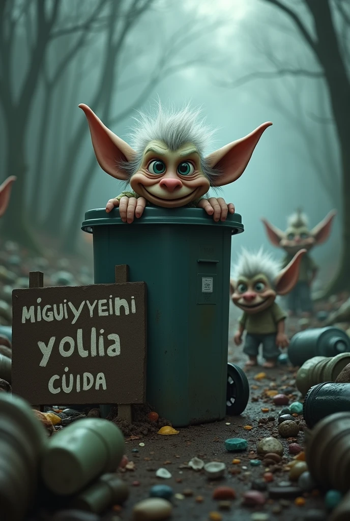 (photorealism:1.2), A small troll looking and showing partial face behind a big garbage can and other small trolls hidding as well on garbage on a forest setting with mist all over and a big sign on te bottom that reads "Miguel Vieyra los cuida"