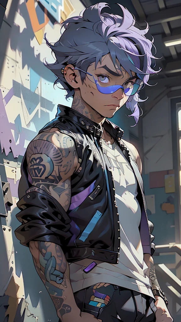 a cute African American guy with purple and blue hair, streaked hair, short hairstyle, wearing googles and a leather jacket, colorful tattoos, (intricate details), hdr, (intricate details, hyperdetailed:1.2), cinematic shot, vignette, centered