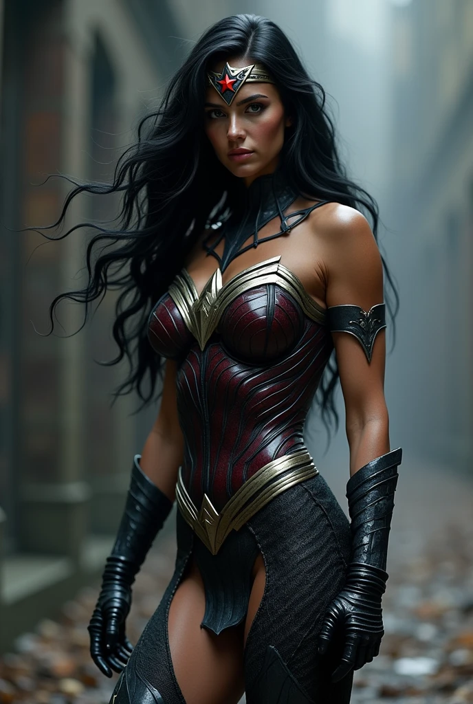 (((Simbionte Spiderman))),(((A beautiful woman with long black hair under the mantle of the Amazon warrior Wonder Woman (((Black metal headband with a red star on the front))),(((corset negro))),(((Long black boots up to her knees))),(((With Symbiote skin running all over his skin))) Black metal bracelets))),(((Simbionte Spiderman)))