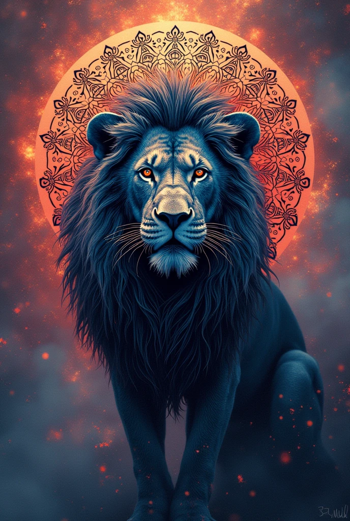 Lion with thin black lines like mandala in color