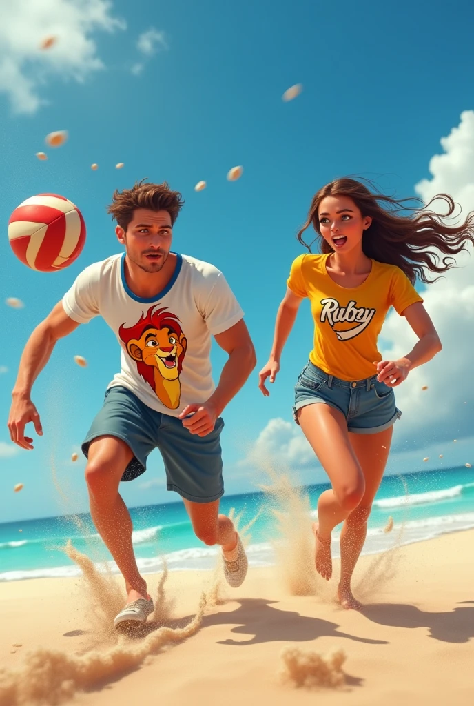 A guy with a t-shirt that says simba and a girl with a t-shirt that says ruby are playing volleyball. The guy spikes the ball hitting the girl in the face