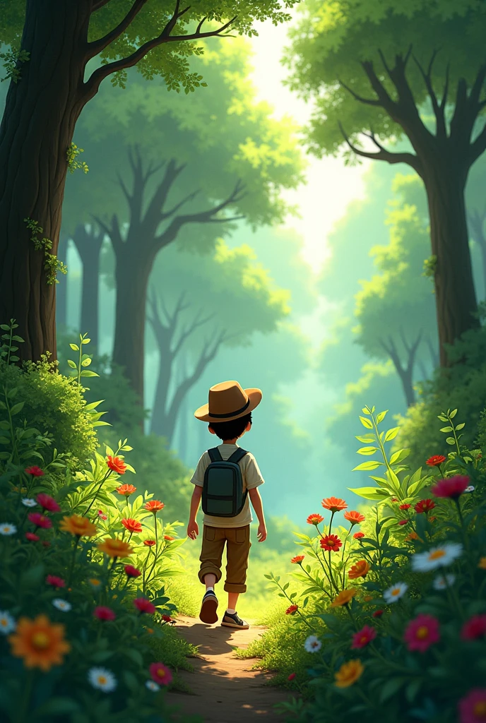 1. **Azaan Wandering in the Forest:**
- A named Azaan, wearing casual clothes and a hat, walking through a vibrant green forest filled with tall trees, colorful flowers, and sunlight filtering through the leaves