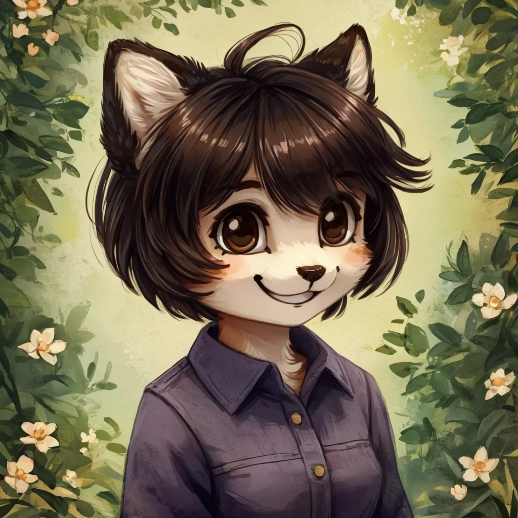 A medium close-up of an anthropomorphic dark hair lady with short hair, brown eyes, happy, closed smile, casual and mother-like clothes, high quality furry art, chibi style.