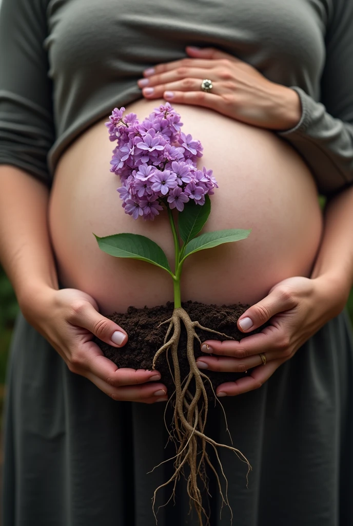 Image of a couple's hands holding a lilac flower from the ground with its roots in the belly of a pregnant woman