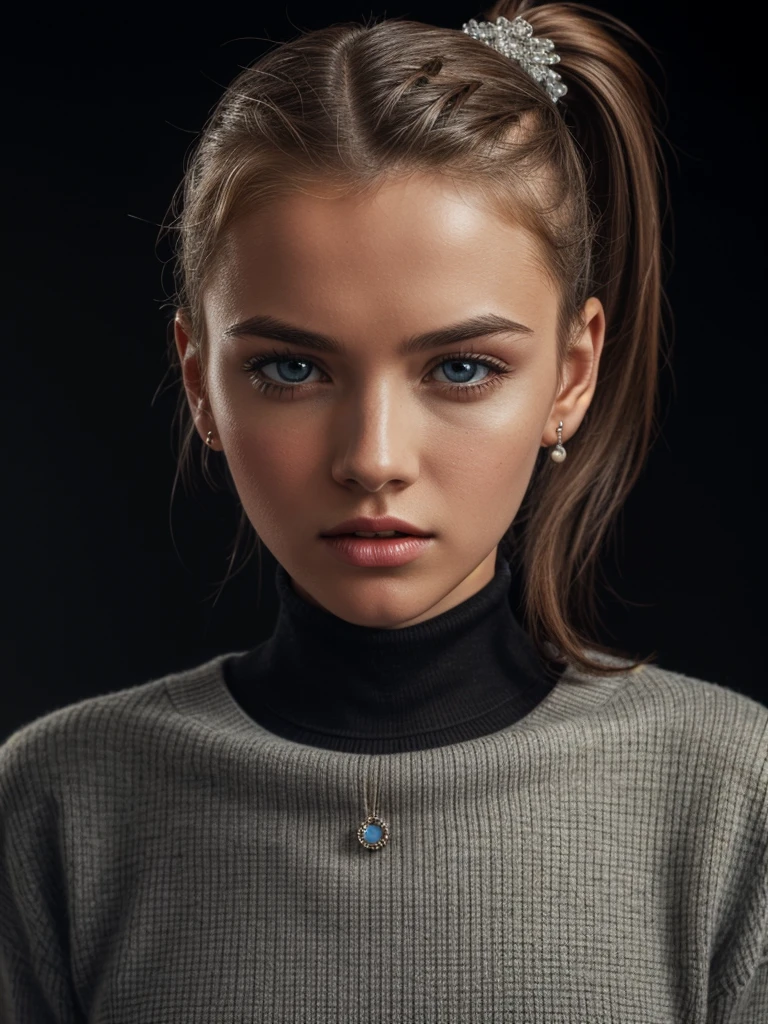 photo of J4n3s3ym0ur_HMv1-133, (ponytail:1.3), a woman, perfect hair, (modern photo), wearing turtleneck sweater and maxi skirt, 20mm medium telephoto, (analogue, cinematic, film grain:1.3), Glass Desert, Desert planet with smooth, mirror-like surface due to extreme heat., detailed eyes, professional pose, (epiCPhoto), (looking at viewer:1.1), (cinematic shot:1.3), (soft style lighting), 1 girl, hair ornaments, open mouth, High resolution, ​masterpiece, anatomically correct, best quality, Multiple awards, textured skin, uhd, super detailed, retina, ear rings, Crystal rings, 