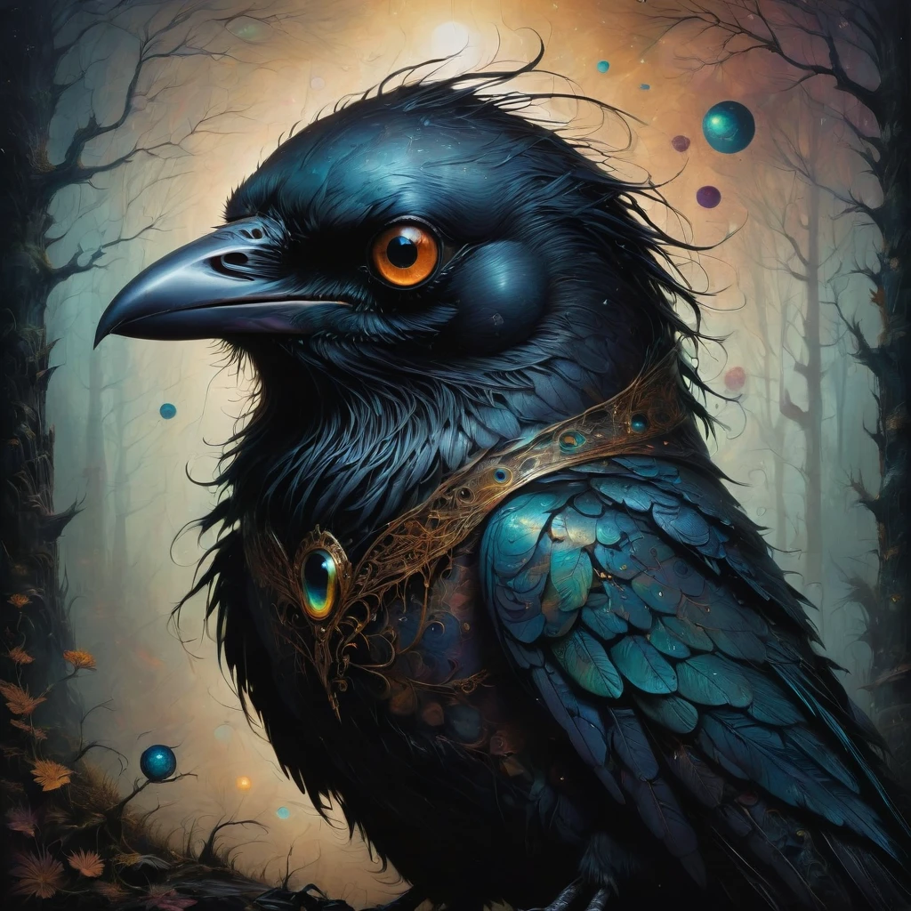 a detailed portrait of a raven in the style of Andy Kehoe, best quality, masterpiece, highly aesthetic, perfect composition, complex details, ultra-detailed