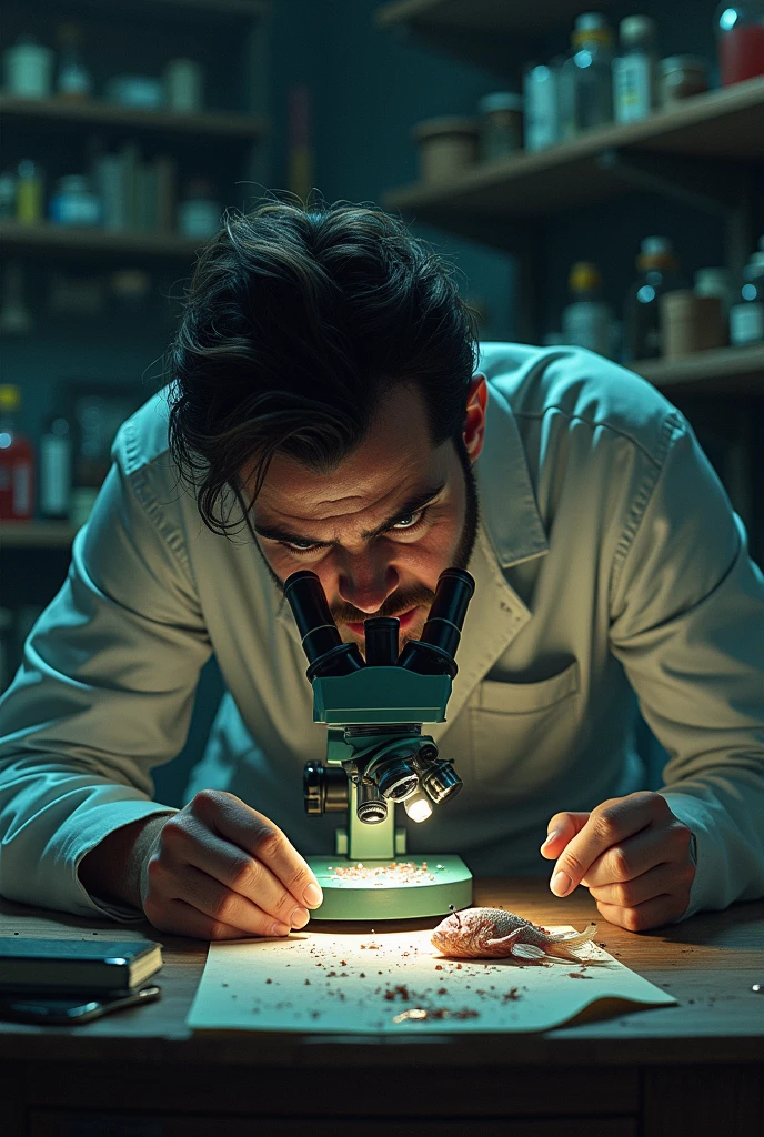 Biologist examining an infected fish under a microscope in a makeshift laboratory, with a look of horror on his face
