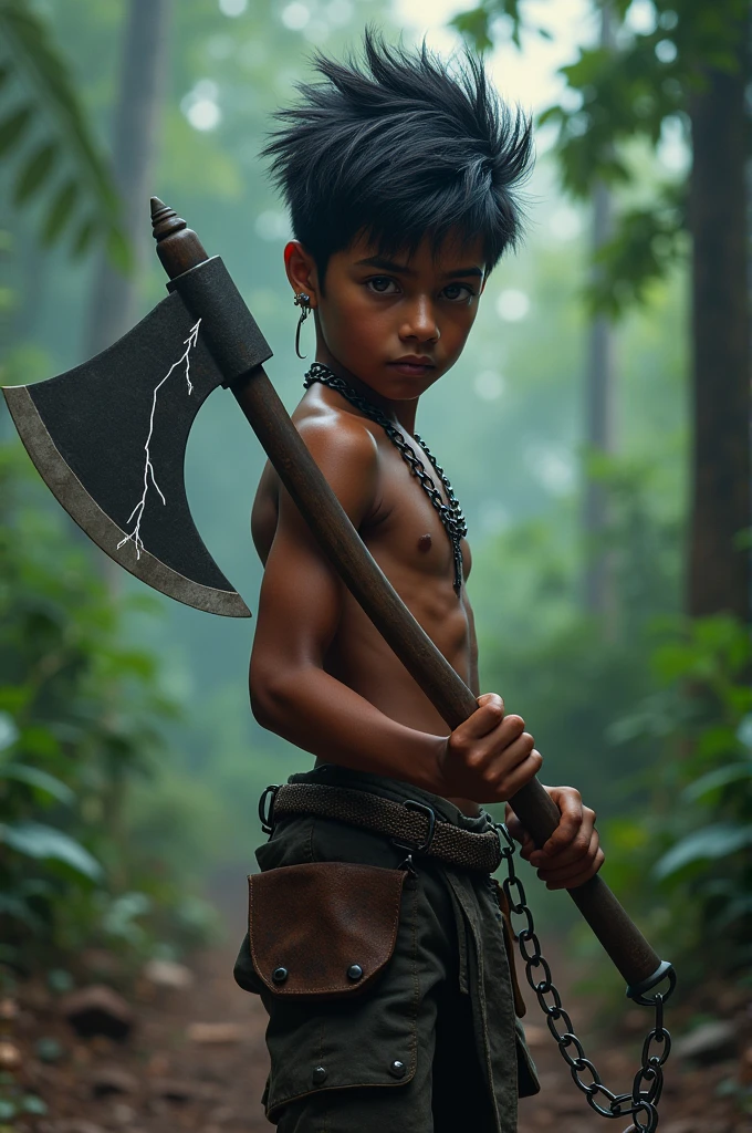 A brown boy in Sri Lanka.  The black ink in his eyes shines like two lightning bolts. He has arranged his hair in the Beckham style and fine lightning bolts are coming out of the hair.  In his left hand is a double-edged ax blade attached to an iron chain.  His body is strong and muscular development has developed.