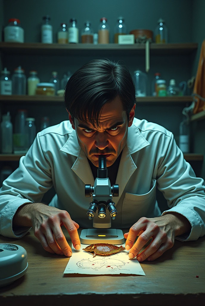 Biologist examining an infected fish under a microscope in a makeshift laboratory, with a look of horror on his face