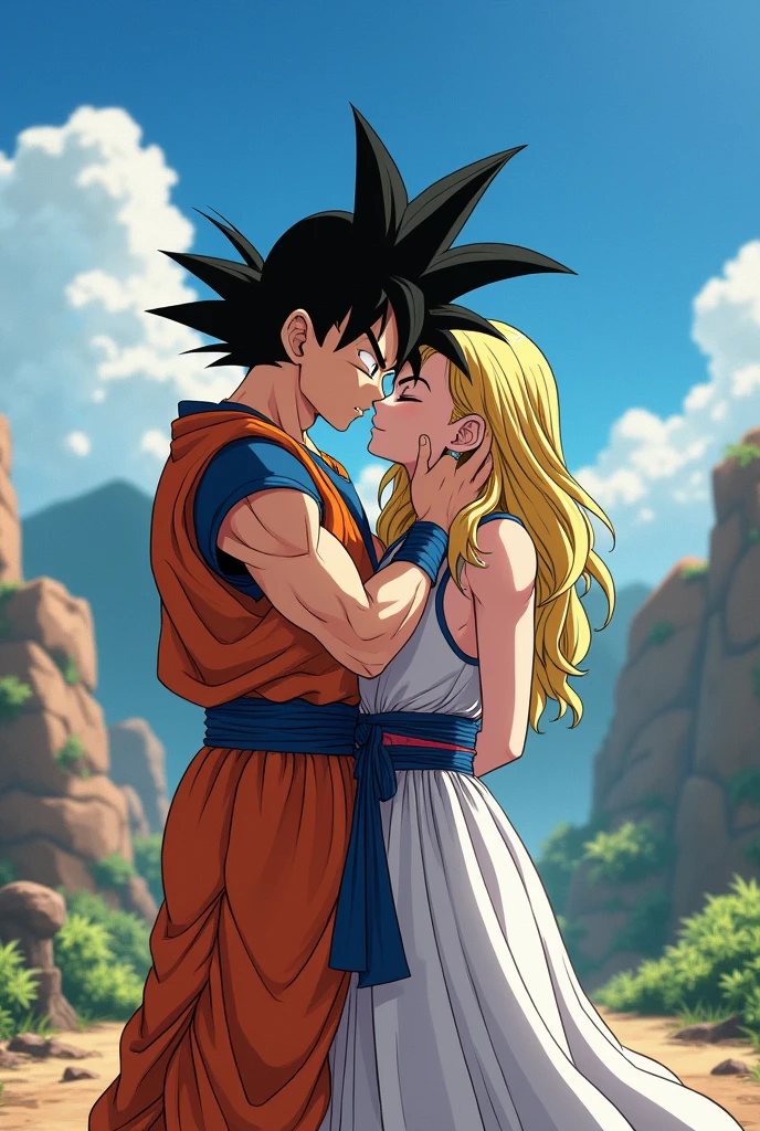 Goku kissing android 18 and crilin crying. dragon ball
