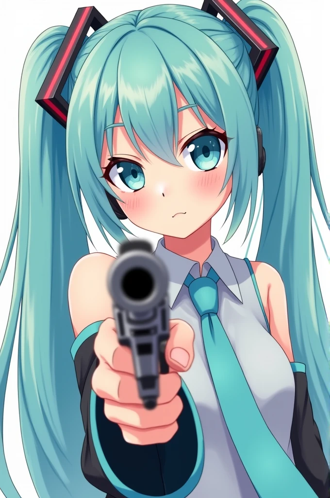 Hatsune Miku holding a gun. In a cute and simple anime style.