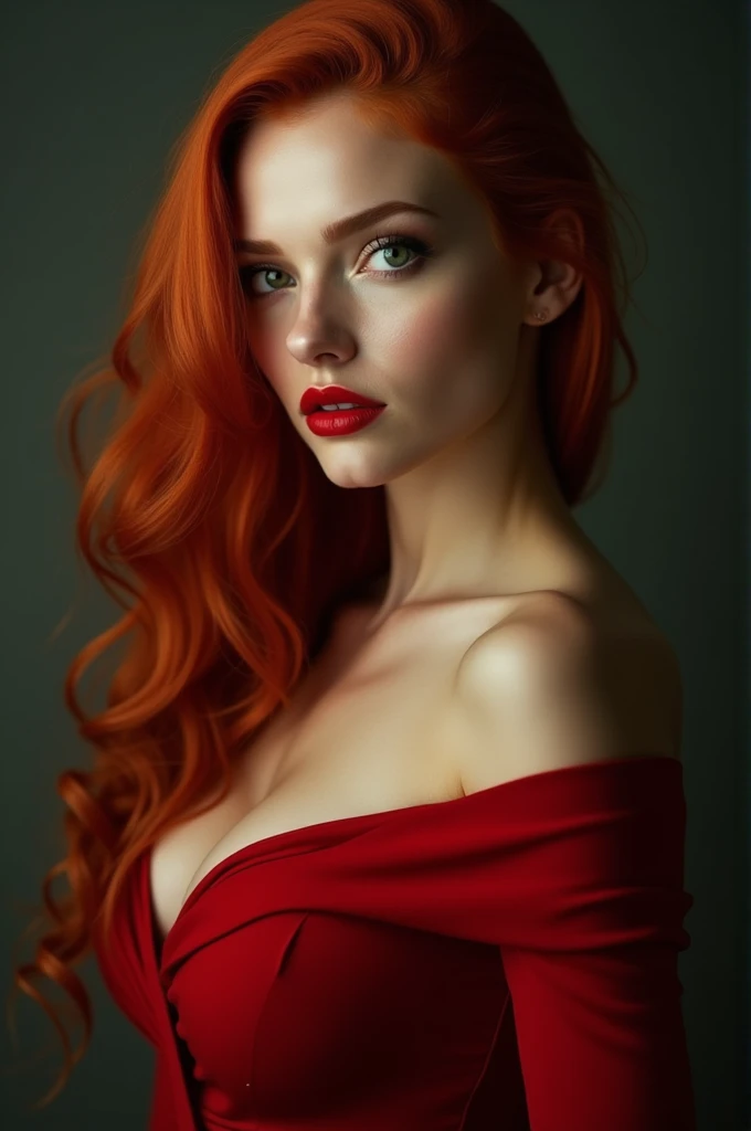 Create the image of a red-haired woman with green eyes, long hair, red lipstick and a low-cut red outfit 