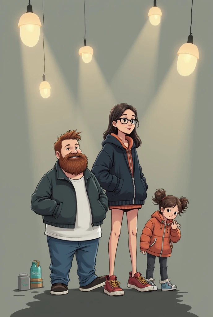 Family of four (a chubby father with a beard, a skinny mother with matted hair, a girl and a girl) manga with stylish clothes