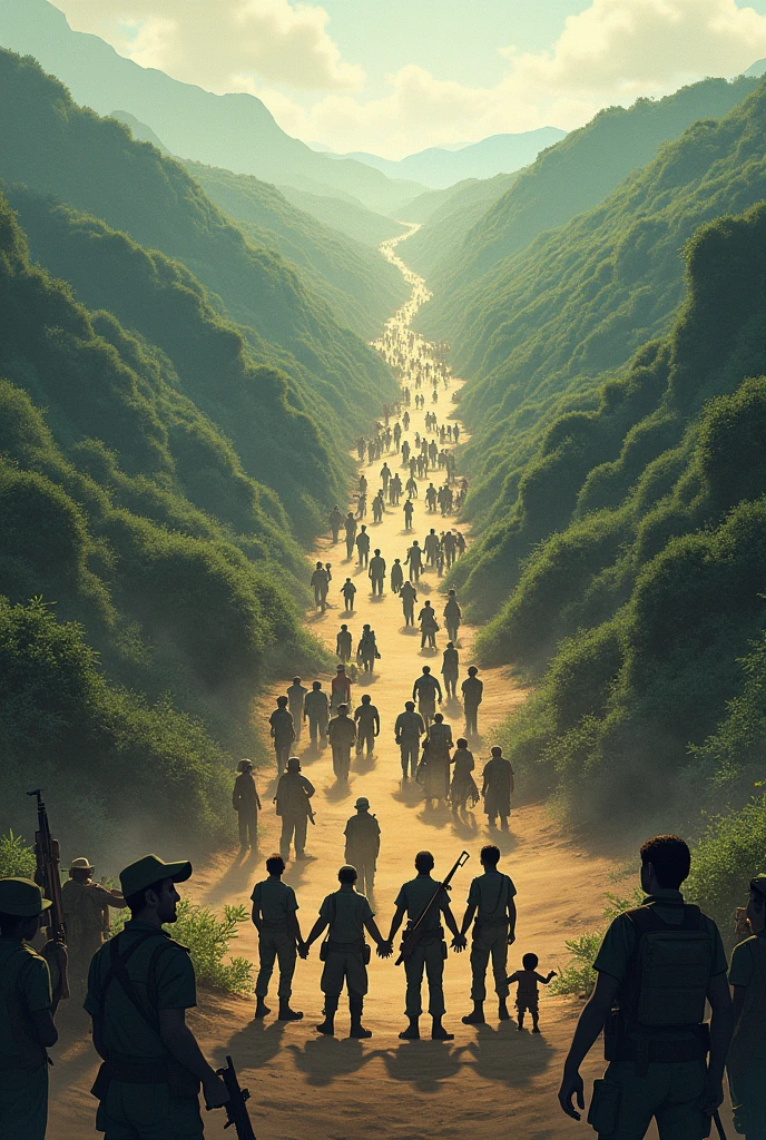 make an image in 16 format:9 that illustrates the transition from war to peace in the armed conflict in Colombia