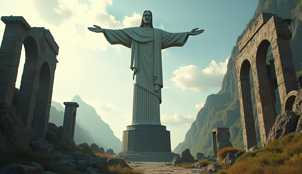 Make the image of Christ the Redeemer, surrounded by ruins. best qualityer, high resolution