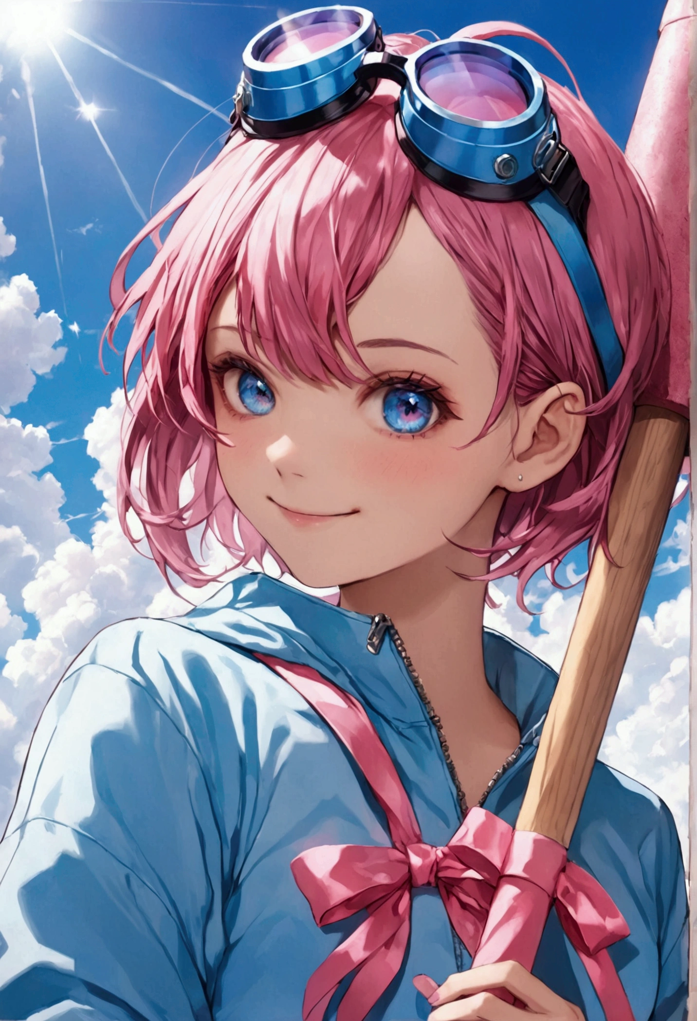 . One eye Is pink and one eye Is blue, the eye with color blue has a yellow star in it. Natrual Skin that is close to pink color. Cute face. Beautiful. Slim body. Big chaos smile. Crazy. Short haircut. hair that is dyed with pink and blue color. Pink and blue jacket. Long sleeves. She Is holding a oversized pink mallet with Ribbon around it. There Is goggles on her head
