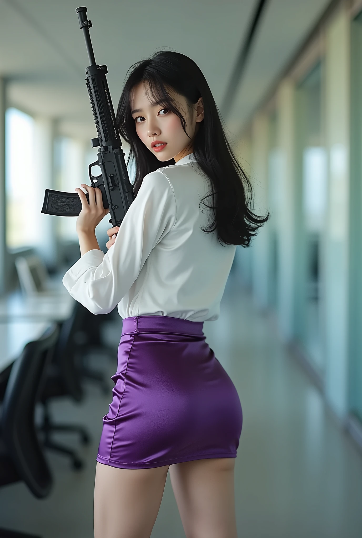 camera back view facing real person eyes open realistic beautiful korean office lady white shirt tight mini skirt satin violet stance legs open spreading arms straighten full portrait holding rifle gun back view facing sexy legs waist level aiming target point at you