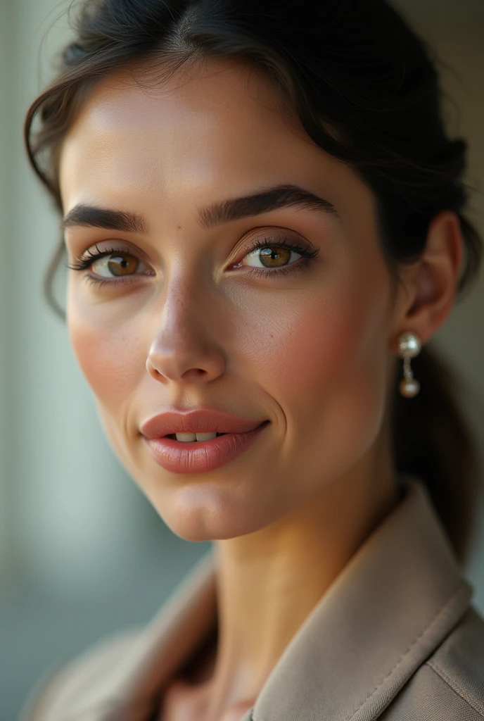 (photorealism:1.2), A close-up portrait of a stylish French woman, passport-style. She has a neutral expression, looking directly at the camera. The lighting is soft and even, highlighting her elegant features. The composition is centered, with a clean and minimalist background.
