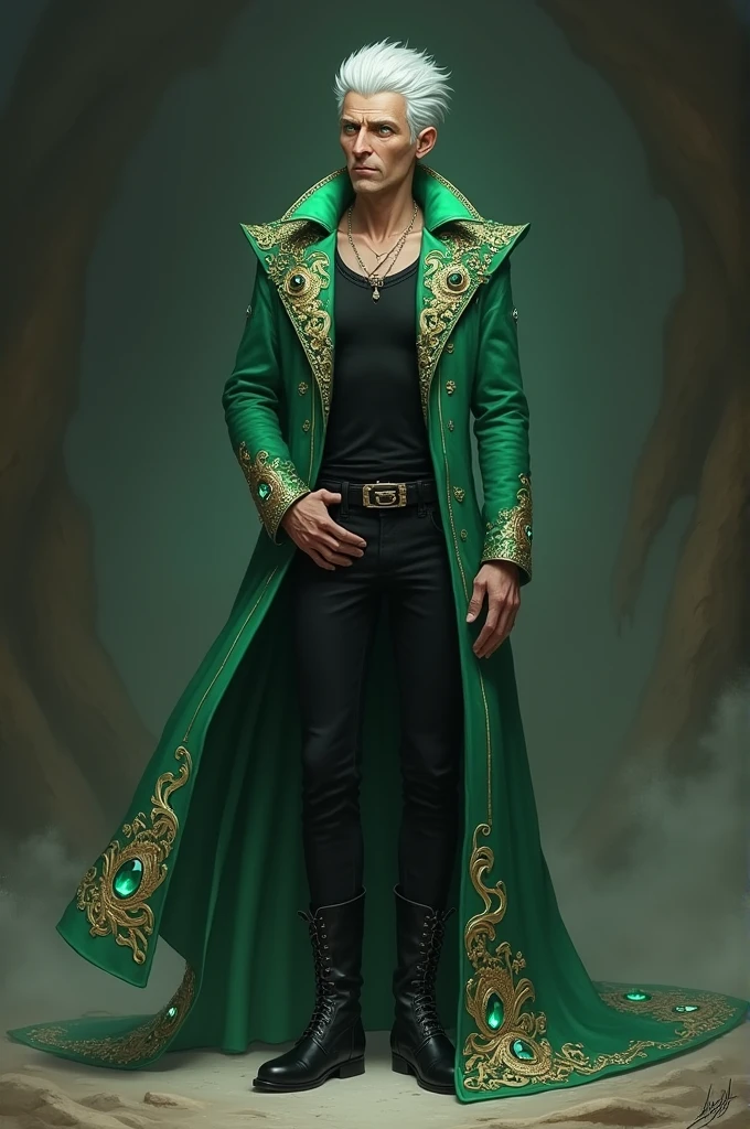 A thin white man with grey hair, teal eyes, with black tanktop/trousers/boots and green coat/belt with lots of gemstones/golden embroidery.