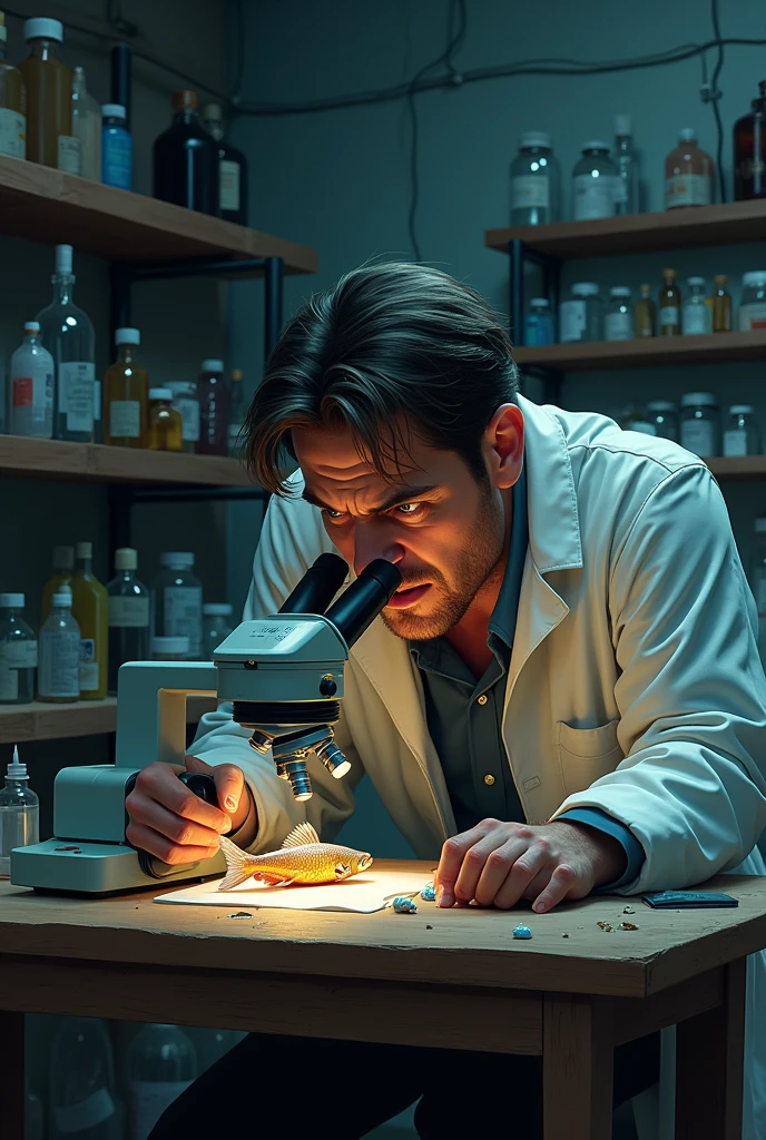 Biologist examining an infected fish under a microscope in a makeshift laboratory, with a look of horror on his face