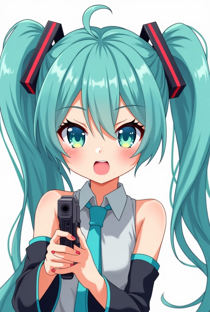 Hatsune Miku holding a gun. In a cute and simple anime style.