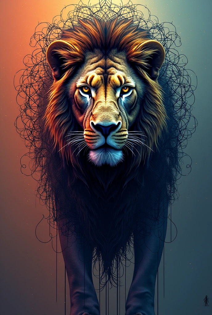 Lion with thin black lines like mandala in color