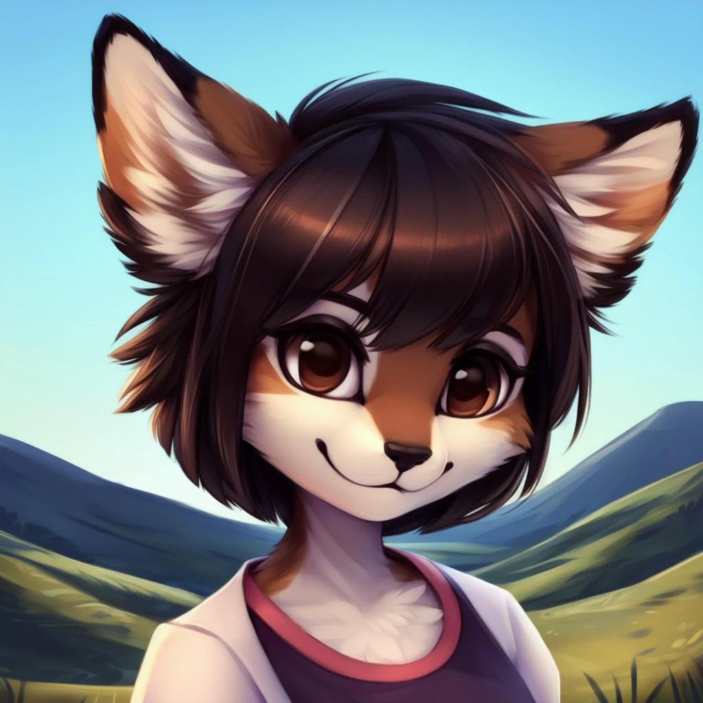 A medium close-up of an anthropomorphic dark hair lady with dark and short hair, brown eyes, closed smile, casual and mother-vibes clothes, bright sky and hills background, high quality furry art, chibi style.