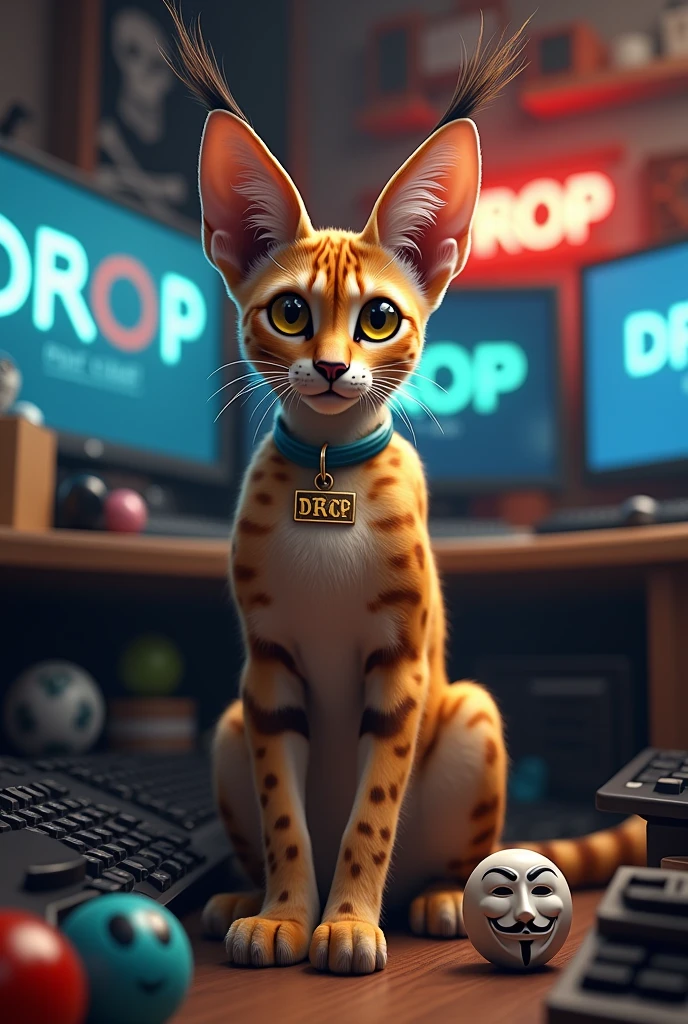 (very realistic male cat, wild serval cat, long hair at the tip of his ears, piercing yellow brown eyes), (((looks real))), sat among a lot of different sizes of plastic cat balls, in a room full of computers and computer parts, screens and keyboards, box of used keyboards, it is written " DROP " in pixel onto some screens , there's a pirate jolly roger with the anonymous "guy fawkes"'s mask instead of the skull on some other screens, there's a glowing neon on the wall that spells " D R O P " , cat has " DROP " written on a small golden plate attached to his collar, place looks cozy, there's a plastic anonymous mask among the plastic cat balls, there's realistic cat ball all over the place, smooth light