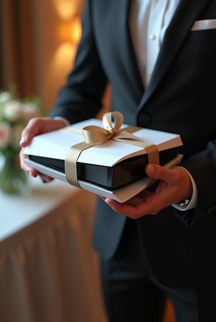 Create a realise image of wrapped PS5, it should be on a hand on groom's. And there must be a ring on the ring finger of the groom