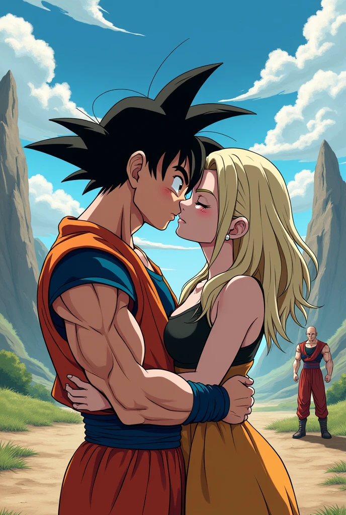 Goku kissing Android 18 and Krillin crying in the background. dragon ball 