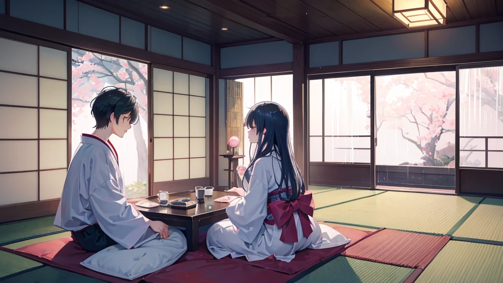 In a cozy Japanese room, anime-style, a boy and girl are sitting on the floor, listening to music. Outside the large window, it’s raining gently, but inside, everything is warm and illuminated by soft lamp light. Make sure the rain is only outside, while the interior remains calm and peaceful. Use soft pastel colors and a minimalist aesthetic